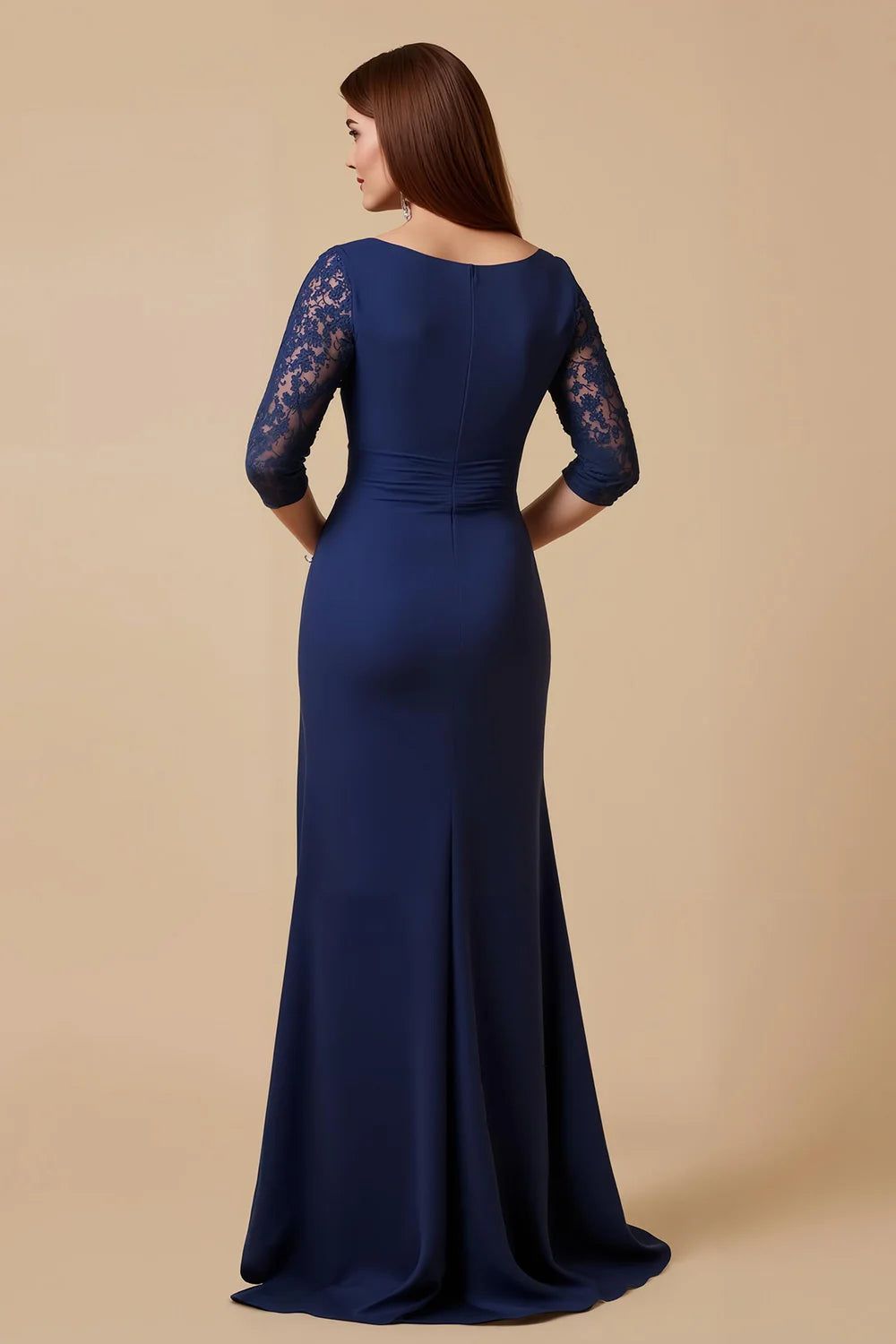 Wedding Guest Dress Elegant Navy Sheath Round Neck Keyhole Lace 3/4 Long Sleeve Tiers Ruched Hot Sale Long Mother of the Bride Dress