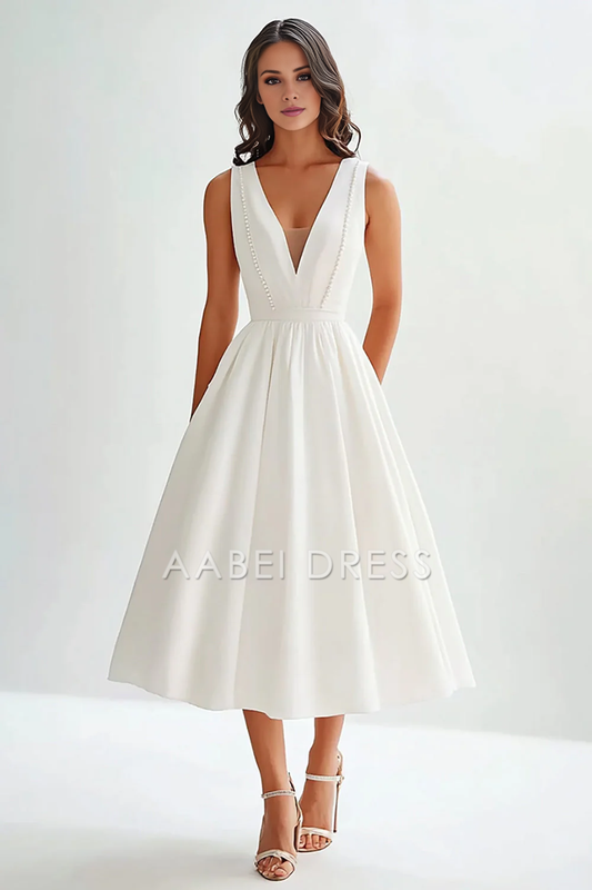 AABEI DRESS Hot Sale Homecoming Dress A Line Deep V Neck Sleeveless Tea-Length Elegant Graduation Dress