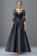 Wedding Guest Dress Navy Satin A Line Boat Collar 3/4 Long Sleeve Lace Applique Pleated Elegant Retro Hot Sale Long Mother of the Bride Dress