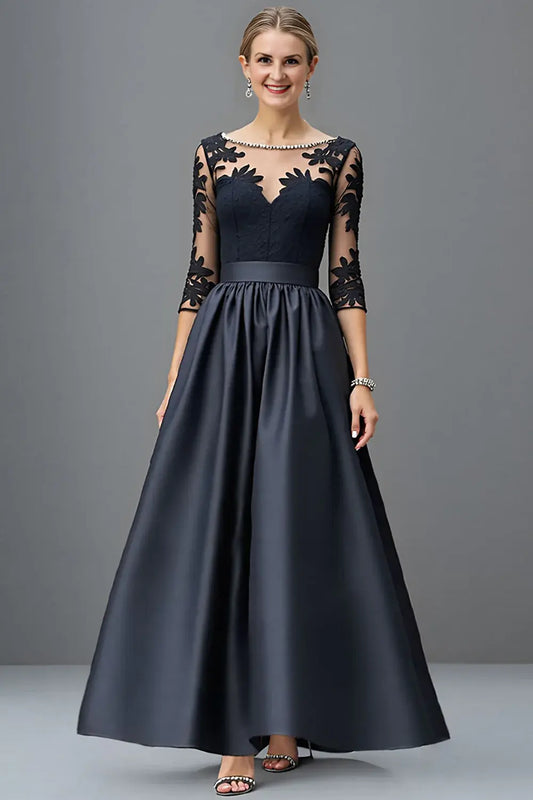 Wedding Guest Dress Navy Satin A Line Boat Collar 3/4 Long Sleeve Lace Applique Pleated Elegant Retro Hot Sale Long Mother of the Bride Dress