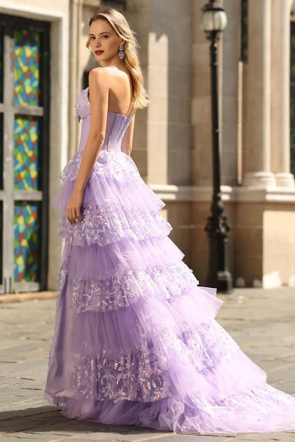 Gorgeous Prom Dress Sparkly Purple A Line Strapless V Neck with Butterflies Sleeveless Layering Ruched Side Fork Backless Bargain Long Wedding Guest Dress