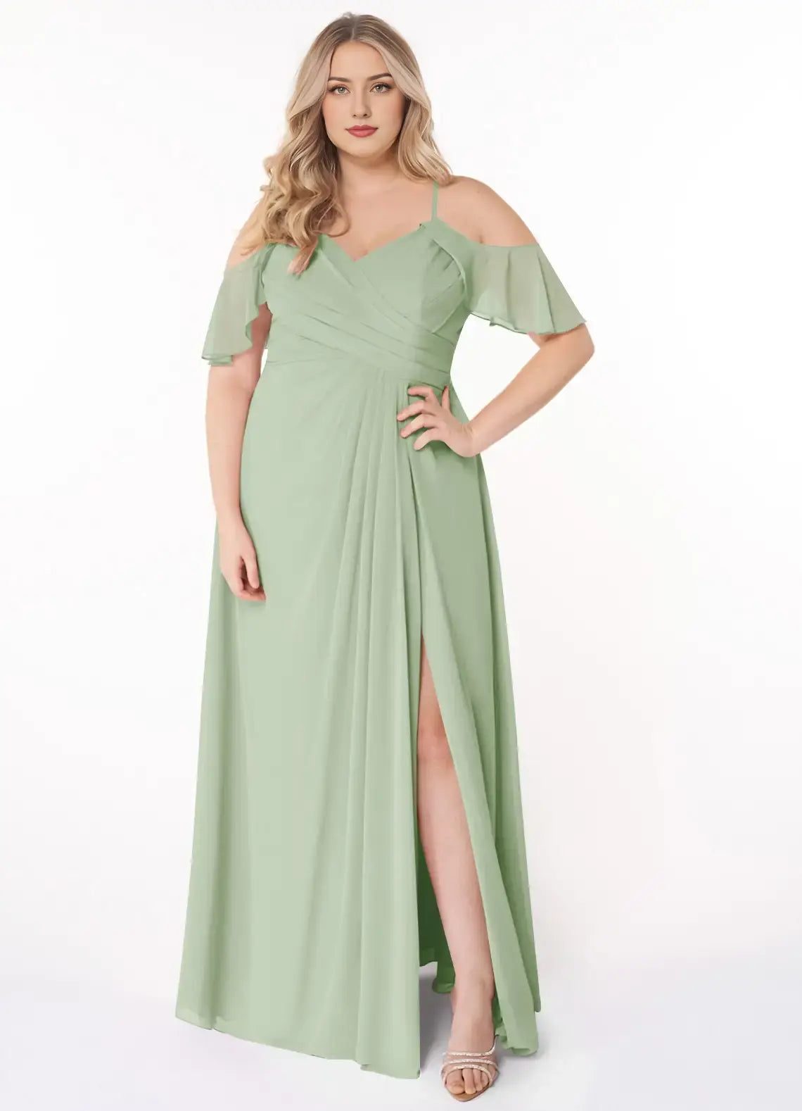 Wedding Guests Dresses Elegant Dusty Sage A-Line V-Neck Spaghetti Strap Ruffles Off Shoulder Pleated Side Fork Plus Size Formal Dress Discount Hot Sale Prom Dress