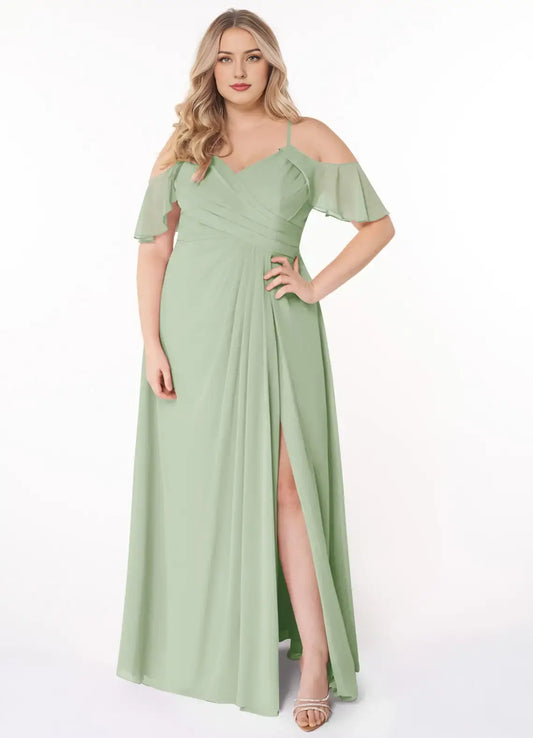 Wedding Guests Dresses Elegant Dusty Sage A-Line V-Neck Spaghetti Strap Ruffles Off Shoulder Pleated Side Fork Plus Size Formal Dress Discount Hot Sale Prom Dress