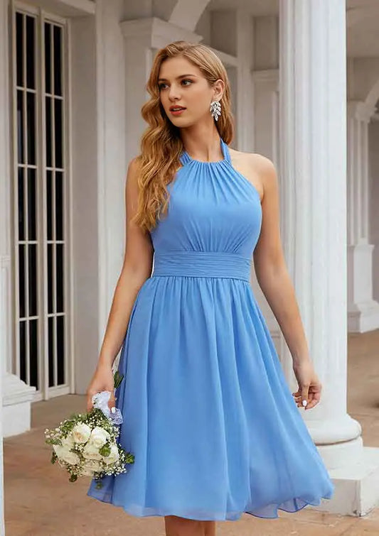 Elegant Classic Blue Chiffon A-line Halter Sleeveless Pleated Backless Affordable Knee-Length Bridesmaid Dress