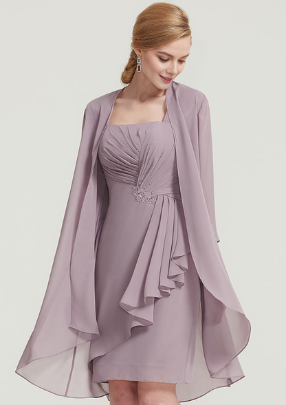 Elegant Wedding Guest Dresses Chiffon Sheath Square Neckline Sleeveless Pleated Beading With 3/4 Long Sleeve Jacket Two-Piece Knee-Length Bargain Mother of the Bride Dress