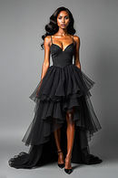 AABEI DRESS Hot Sale Prom Dress Fashion A Line Spaghetti Strap Tiered Asymetrical Tulle Long Black Formal Dress