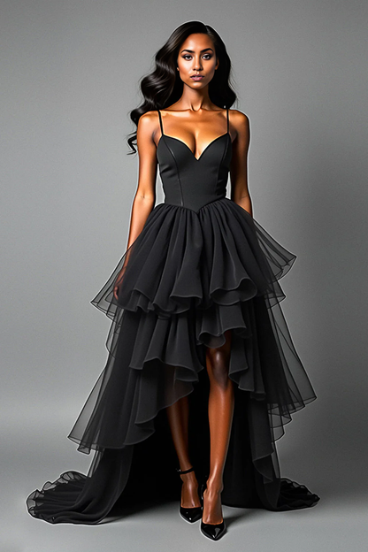 AABEI DRESS Hot Sale Prom Dress Fashion A Line Spaghetti Strap Tiered Asymetrical Tulle Long Black Formal Dress