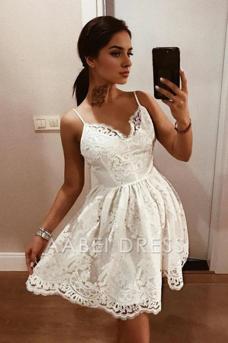 AABEI DRESS New Homecoming Dress A-Line Spaghetti Straps Backless Lace with Appliques Short Prom Dress