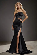 Fashion Black Satin Sheath Mermaid Strapless Sleeveless Hollow-Out with Slit Long Formal Dress Hot Sale Evening Dresses