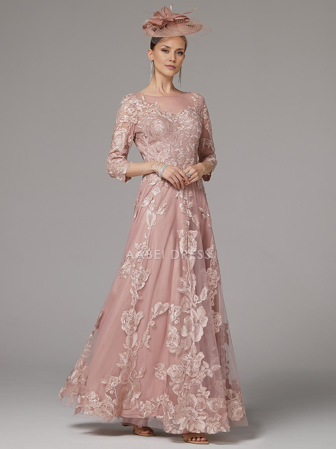 AABEI DRESS Wedding Guest Dress Exquisite A-Line Jewel Neck 3/4 Length Sleeve Beach Wedding Floor Length Lace Pleats Appliques Gorgeous Mother of the Bride Dress