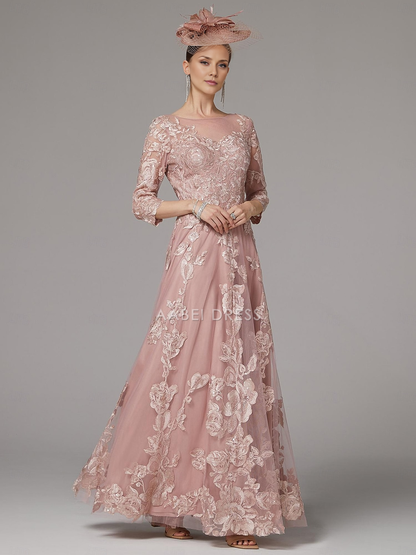 AABEI DRESS Wedding Guest Dress Exquisite A-Line Jewel Neck 3/4 Length Sleeve Beach Wedding Floor Length Lace Pleats Appliques Gorgeous Mother of the Bride Dress