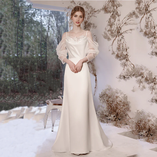 Wedding Dress Spaghetti Strap Long Sleeves V Back Elegant Simple Long Formal Wear Dresses