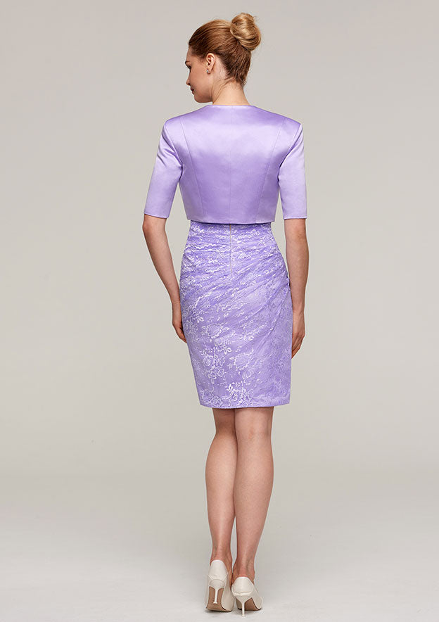 Classic Wedding Guest Dresses Sheath/Column Boat Neck Short Sleeve Lace With Jacket Two-Piece Knee-Length Bargain Mother of the Bride Dress