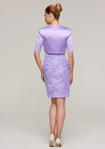Classic Wedding Guest Dresses Sheath/Column Boat Neck Short Sleeve Lace With Jacket Two-Piece Knee-Length Bargain Mother of the Bride Dress