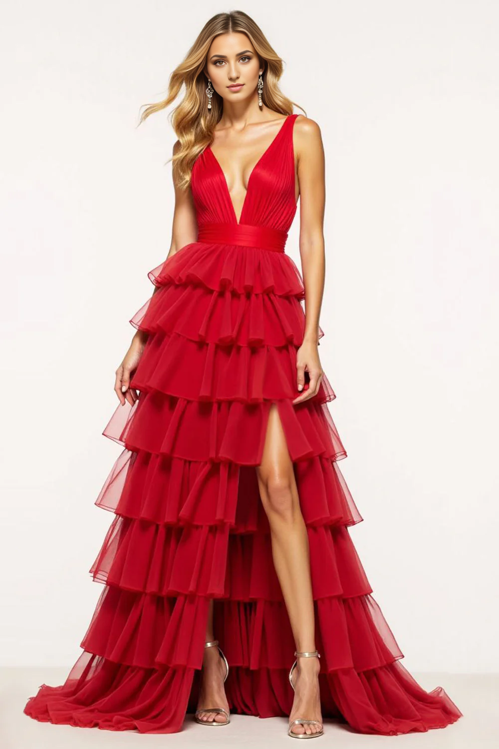 AABEI DRESS Hot Sale Prom Dress Exquisite A Line Deep V-Neck Tiered With Ruffles Fashion Long Formal Dress