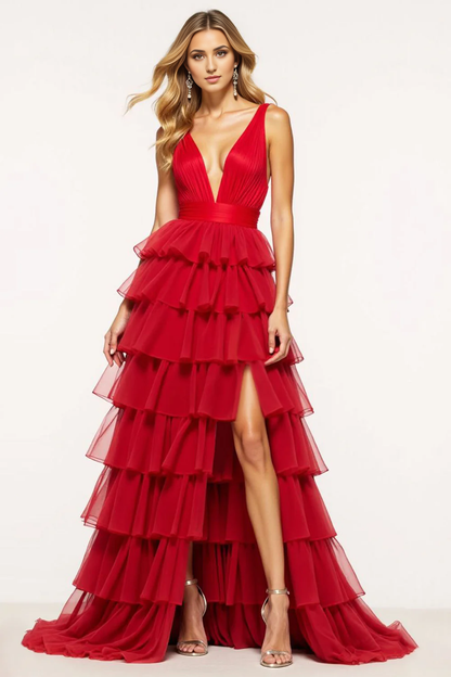 AABEI DRESS Hot Sale Prom Dress Exquisite A Line Deep V-Neck Tiered With Ruffles Fashion Long Formal Dress
