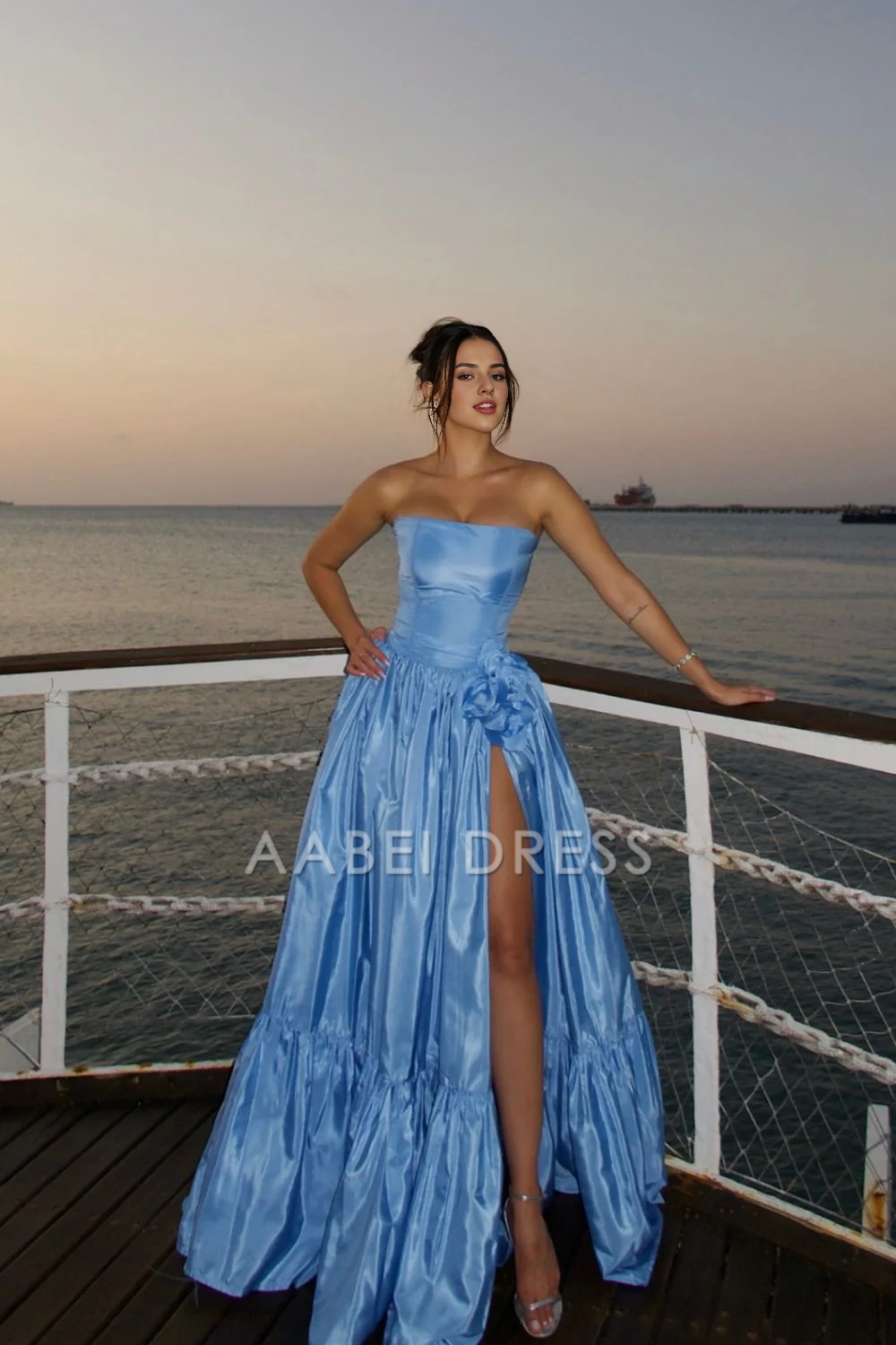 AABEI DRESS Hot Sale Prom Dress Charming A Line Strapless Satin Long with Split Front Elegant Formal Dress