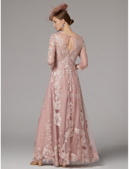AABEI DRESS Wedding Guest Dress Exquisite A-Line Jewel Neck 3/4 Length Sleeve Beach Wedding Floor Length Lace Pleats Appliques Gorgeous Mother of the Bride Dress