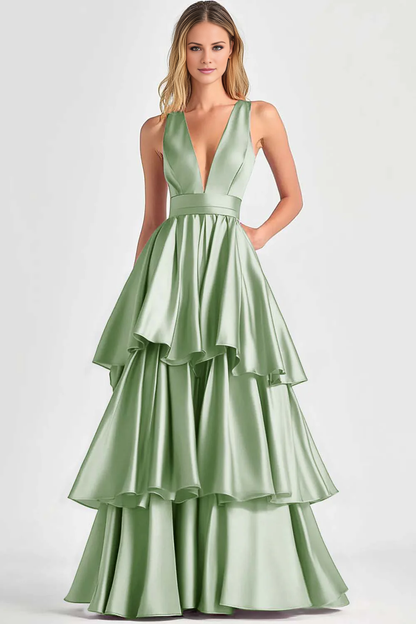AABEI DRESS Hot Sale Prom Dress A-Line Deep V-Neck Sleeveless Ruched Tiered Fashion Long Formal Dress
