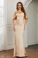 Evening Dress One Shoulder Sleeveless Sweetheart Neckline Open Back Ruched Flutter Sleeves Dress Sweep Train Formal Women's Dresses Wedding Guest Dresses