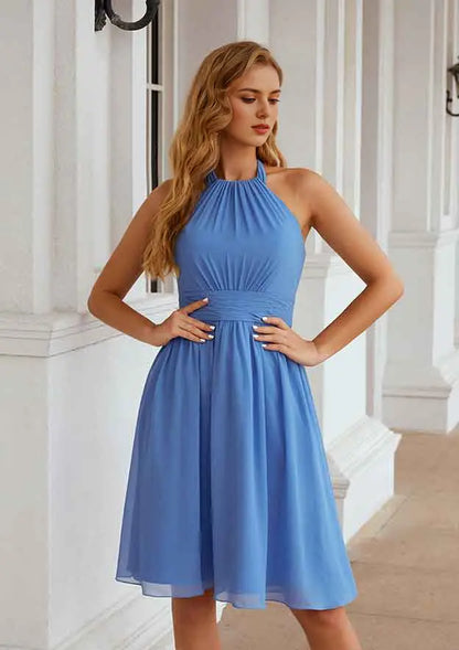 Elegant Classic Blue Chiffon A-line Halter Sleeveless Pleated Backless Affordable Knee-Length Bridesmaid Dress