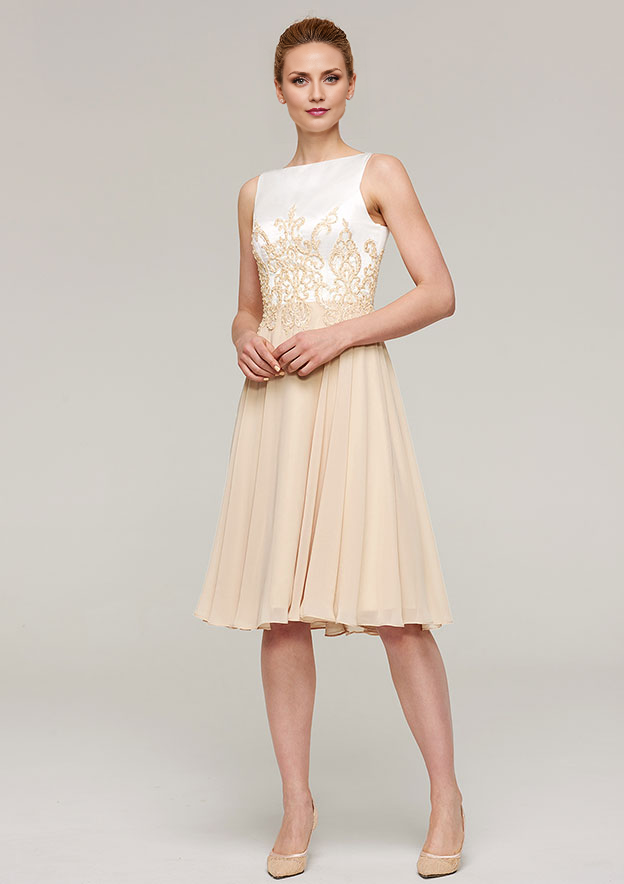 Classic Elegant Wedding Guest Dresses Champagne Chiffon A-line Boat Neck Sleeveless Lace Appliqued With Half Sleeve Jacket Two-Piece Knee-Length Bargain Mother of the Bride Dress