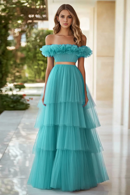 AABEI DRESS Hot Sale Prom Dress A Line Off The Shoulder Pleated Tulle Tiers High Quality Long Formal Dress
