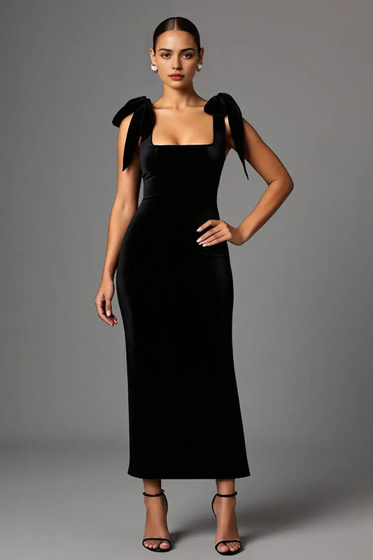 Elegant Black Sheath Square Neck Sleeveless Satin Long Formal Dress Hot Sale Evening Dresses