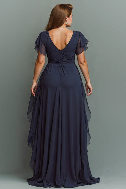 Fashion Navy Chiffon A Line V-Neck Flutter Short Sleeves V Back Pleated with Ruffles Plus Size Elegant Wedding Guest Dress For Women New Style Mother of the Bride Dress