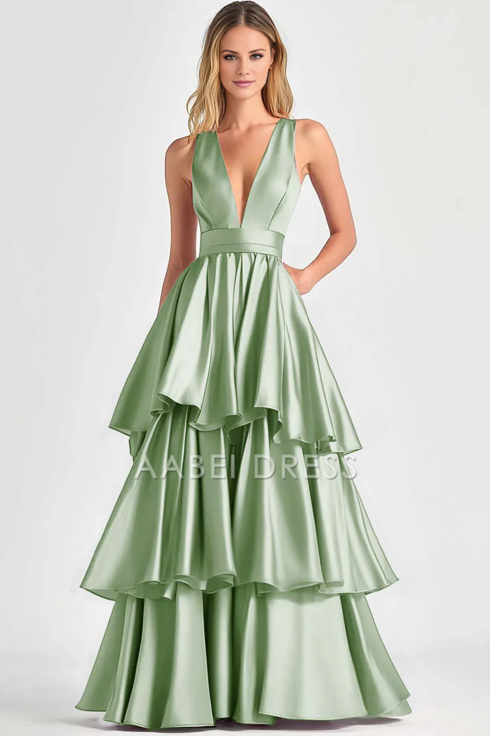 AABEI DRESS Hot Sale Prom Dress A-Line Deep V-Neck Sleeveless Ruched Tiered Fashion Long Formal Dress