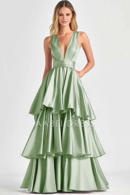 AABEI DRESS Hot Sale Prom Dress A-Line Deep V-Neck Sleeveless Ruched Tiered Fashion Long Formal Dress