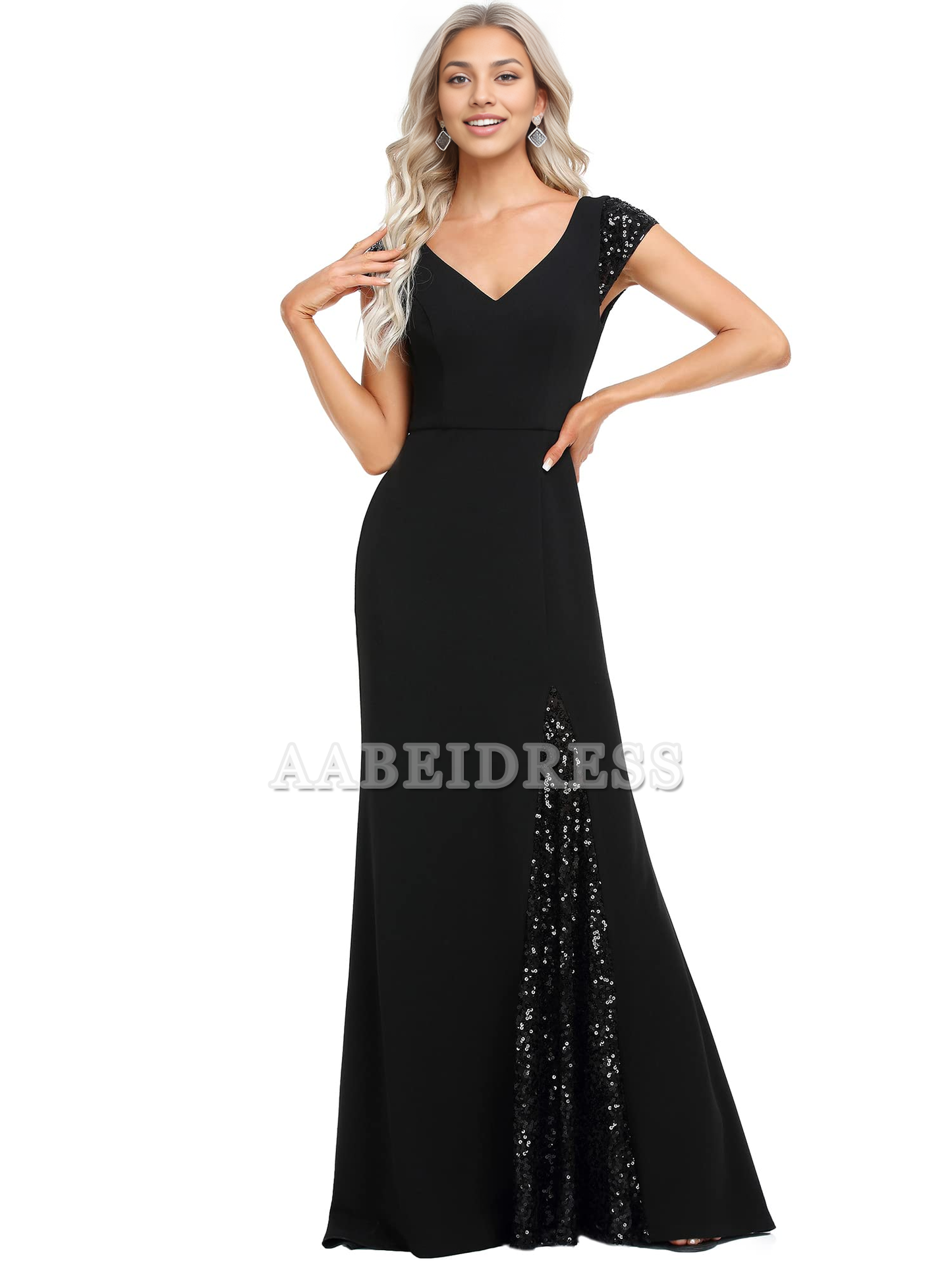Prom Dress V-Neck Cap Sleeves Sequin Mermaid Floor-Length Evening Dresses Elegant Wedding Guest Dresses Formal Wear Dresses