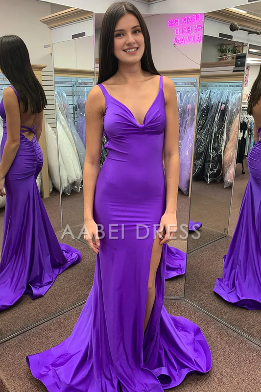 AABEI DRESS Prom Dress Charming Mermaid V Neck Satin Backless Long with Slit Formal Dress
