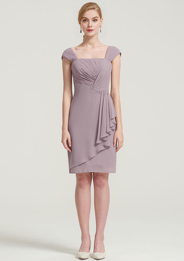 Elegant Wedding Guest Dresses Chiffon Sheath Square Neckline Sleeveless Pleated Beading With 3/4 Long Sleeve Jacket Two-Piece Knee-Length Bargain Mother of the Bride Dress