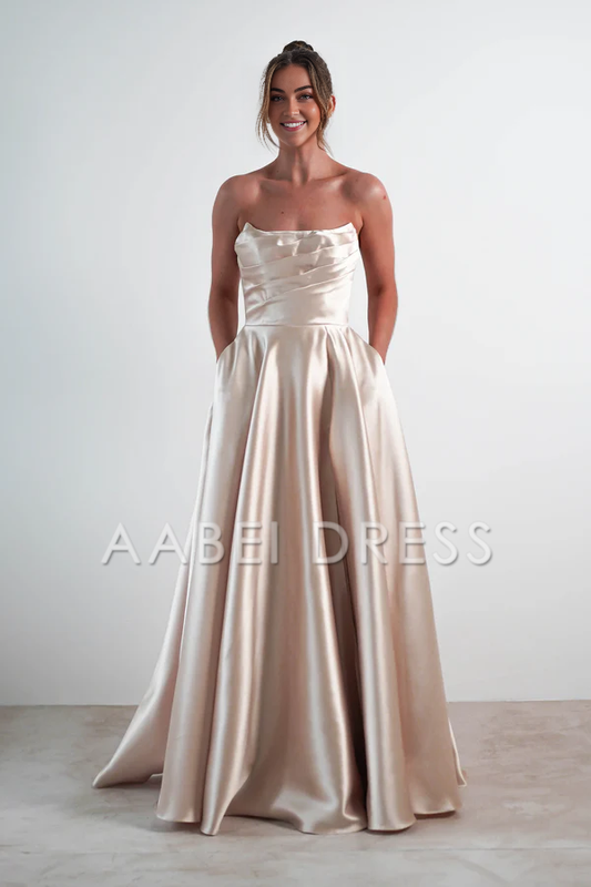 AABEI DRESS Prom Dress Strapless Gown With Straight Neckline Pockets Pleated Slit Leg Elegant Dress