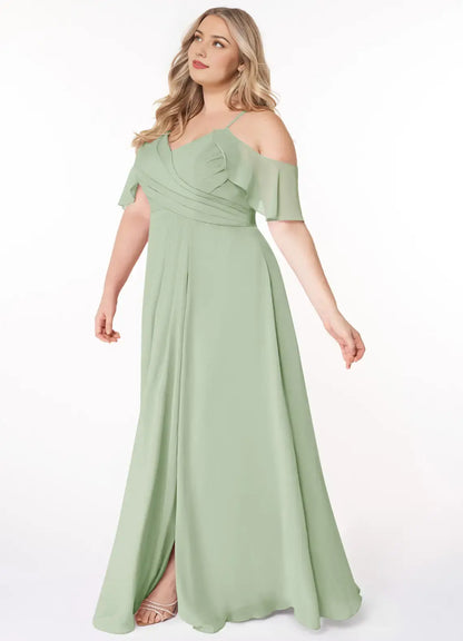 Wedding Guests Dresses Elegant Dusty Sage A-Line V-Neck Spaghetti Strap Ruffles Off Shoulder Pleated Side Fork Plus Size Formal Dress Discount Hot Sale Prom Dress