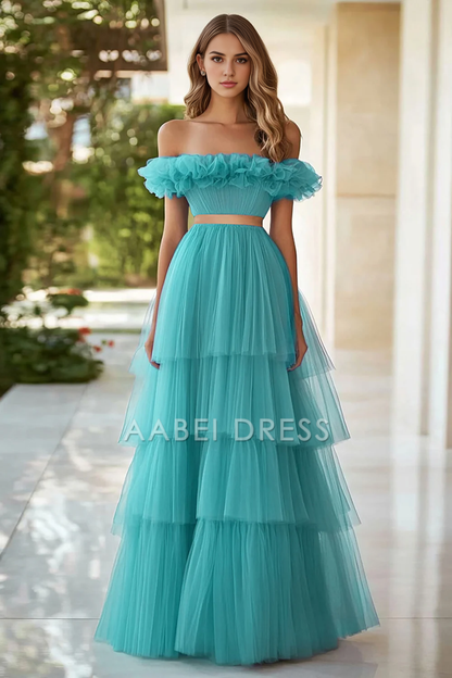 AABEI DRESS Hot Sale Prom Dress A Line Off The Shoulder Pleated Tulle Tiers High Quality Long Formal Dress