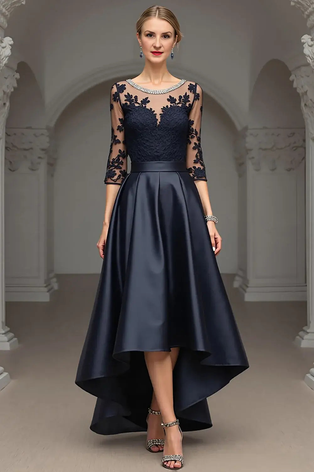 Wedding Guest Dress Navy Satin A Line Boat Collar Beadwork 3/4 Long Sleeve Lace Applique High Low Hem Exquisite Retro Hot Sale Long Mother of the Bride Dress