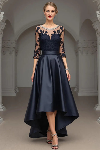 Wedding Guest Dress Navy Satin A Line Boat Collar Beadwork 3/4 Long Sleeve Lace Applique High Low Hem Exquisite Retro Hot Sale Long Mother of the Bride Dress