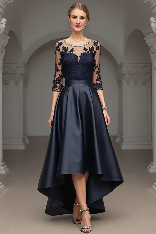 Wedding Guest Dress Navy Satin A Line Boat Collar Beadwork 3/4 Long Sleeve Lace Applique High Low Hem Exquisite Retro Hot Sale Long Mother of the Bride Dress