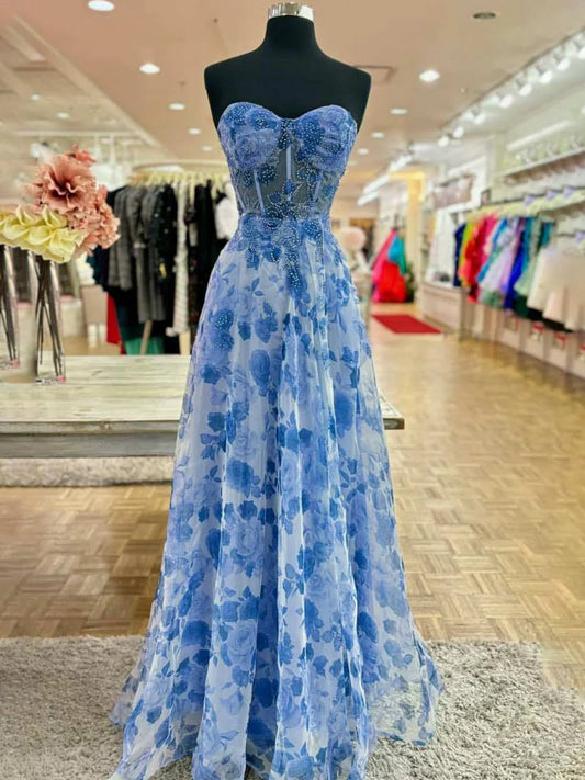 Blue Printing A-Line Strapless Sweetheart Neckline Beadwork Exquisite Retro Wedding Guest Dress Long Hot Sale Prom Dresses