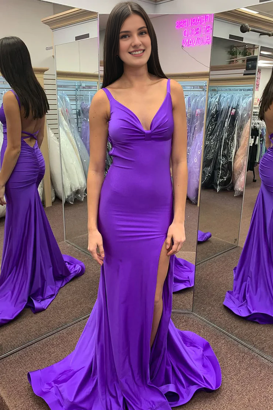 AABEI DRESS Prom Dress Charming Mermaid V Neck Satin Backless Long with Slit Formal Dress