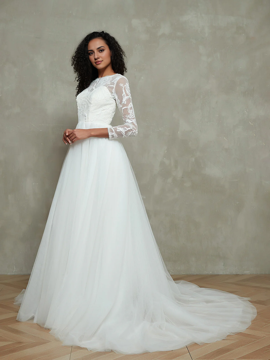 Wedding Dresses Bead string Illusion Neck Lace Top Long Sleeves Tulle Skirt Formal Dresses