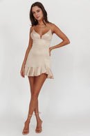 Sheath/Column Deep V-neck Spaghetti Strap Cinched Waist Ruffle Hem Champagne Sexy Elegant Mini Dress Hot Sale Homecoming Dress