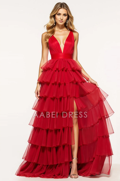 AABEI DRESS Hot Sale Prom Dress Exquisite A Line Deep V-Neck Tiered With Ruffles Fashion Long Formal Dress