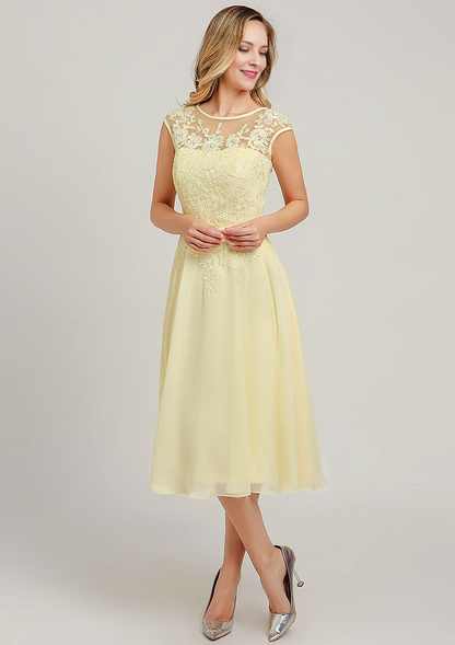 Elegant Wedding Guest Dresses Yellow Chiffon A-line Scoop Neck Sleeveless Lace Applique Sashes With Long Sleeves Jacket Two-Piece Tea-Length Bargain Mother of the Bride Dress