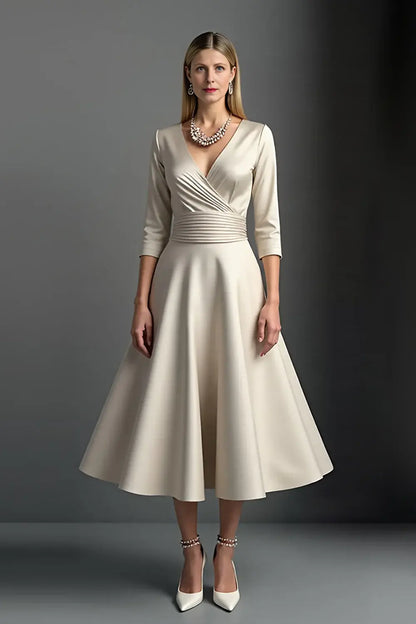 Wedding Guest Dress Apricot Satin A Line V-Neck 3/4 Long Sleeve Ruched Hem Elegant Hot Sale Long Mother of the Bride Dress