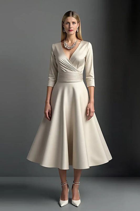Wedding Guest Dress Apricot Satin A Line V-Neck 3/4 Long Sleeve Ruched Hem Elegant Hot Sale Long Mother of the Bride Dress