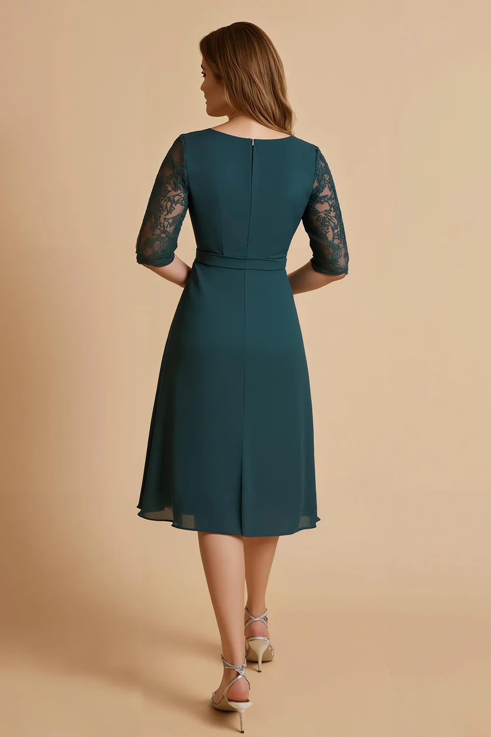 Wedding Guest Dress Dark Green Chiffon A Line V Neck Lace 1/2 Sleeve Ruched Retro Hot Sale Midi  Mother of the Bride Dress