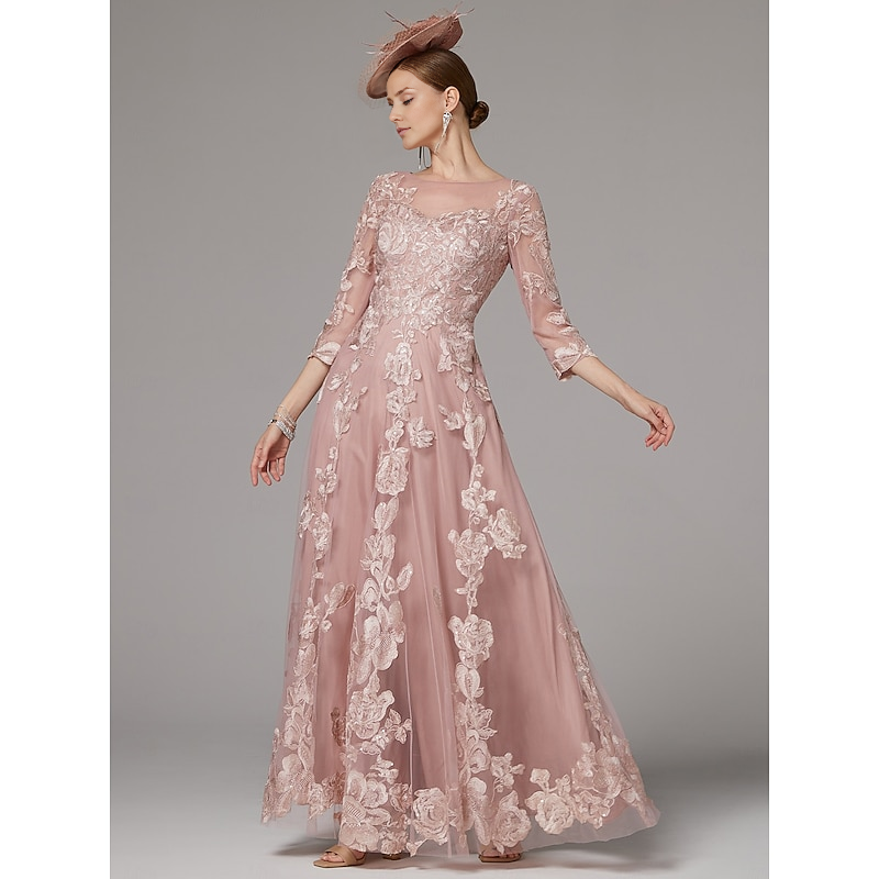 AABEI DRESS Wedding Guest Dress Exquisite A-Line Jewel Neck 3/4 Length Sleeve Beach Wedding Floor Length Lace Pleats Appliques Gorgeous Mother of the Bride Dress